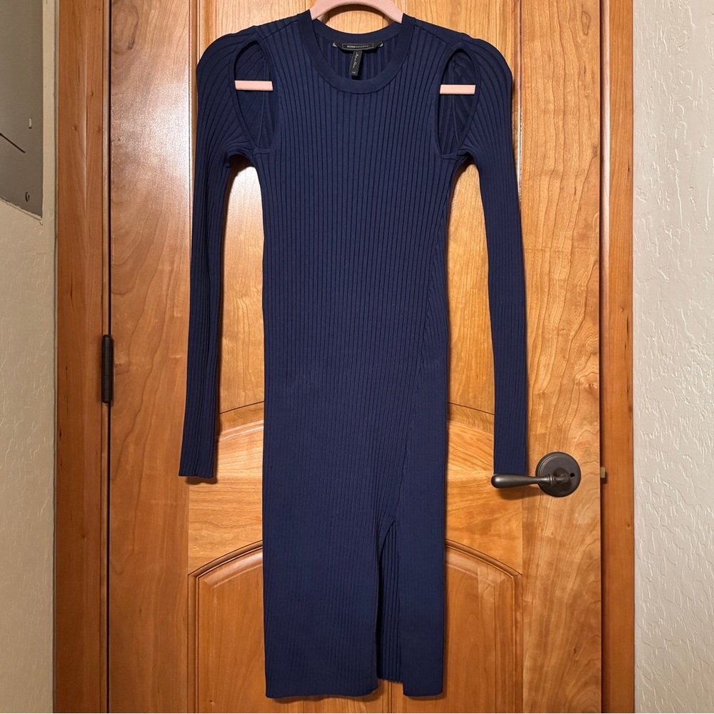 BCBG Navy Blue Ribbed Dress with front slit and Cut-Out Shoulders EUC